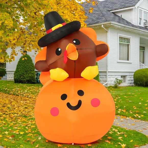 5FT Inflatables Turkey Baby on Pumpkin Built-in LEDs Blow Up Yard Decoration - Picture 8 of 8
